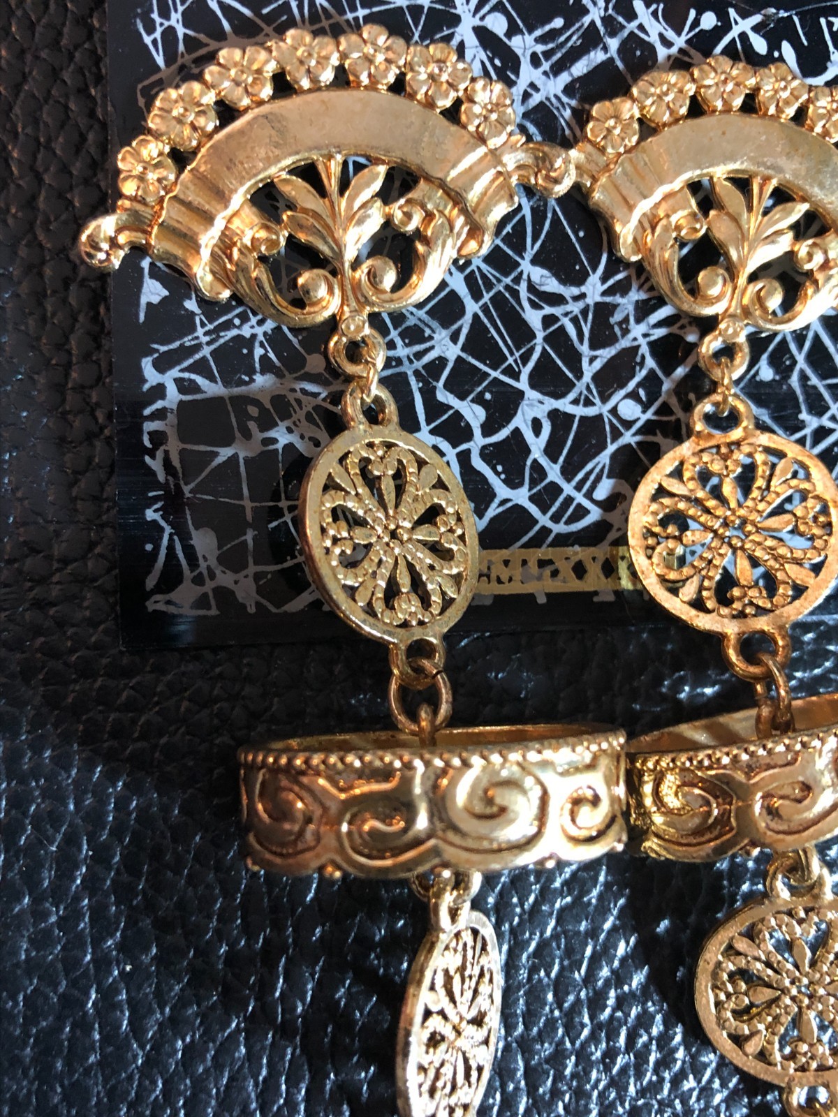 Vintage JJ Jonette Gold Earrings Fan Filigree Tassel Statement Artifacts 5″ 8429