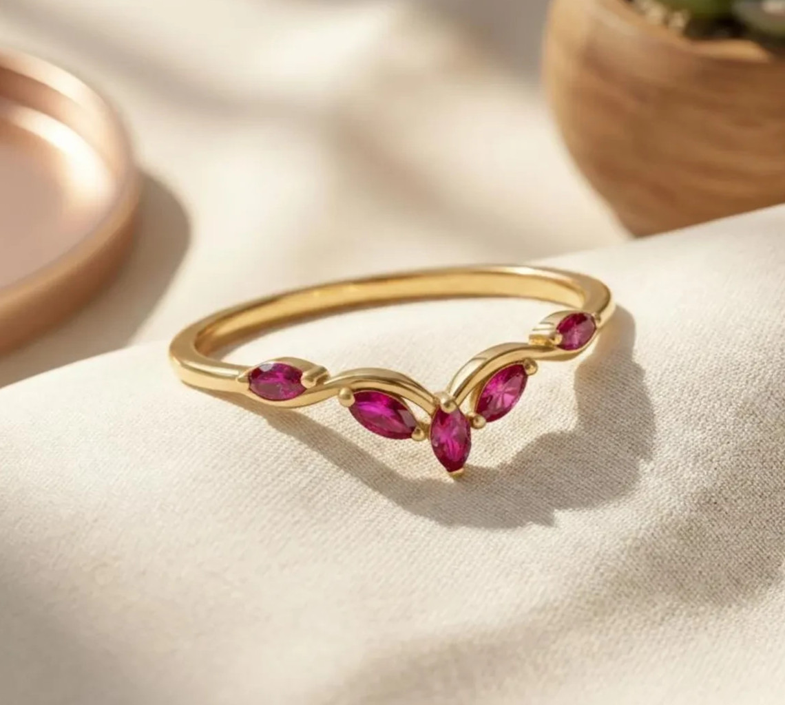 Lab Created Ruby Cluster Band V-Shaped Ring 925 Sterling Silver Gold Plated Ring