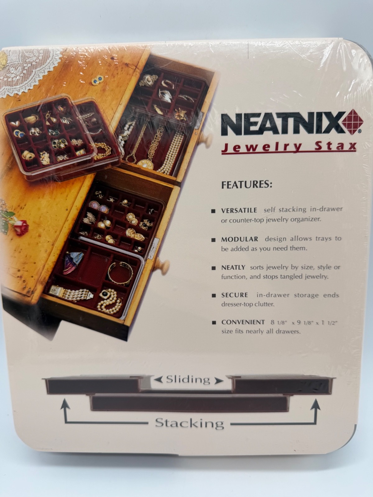 New NEATNIX Jewelry Stax 18 Compartment Slots Burgundy Red Drawer Organizer