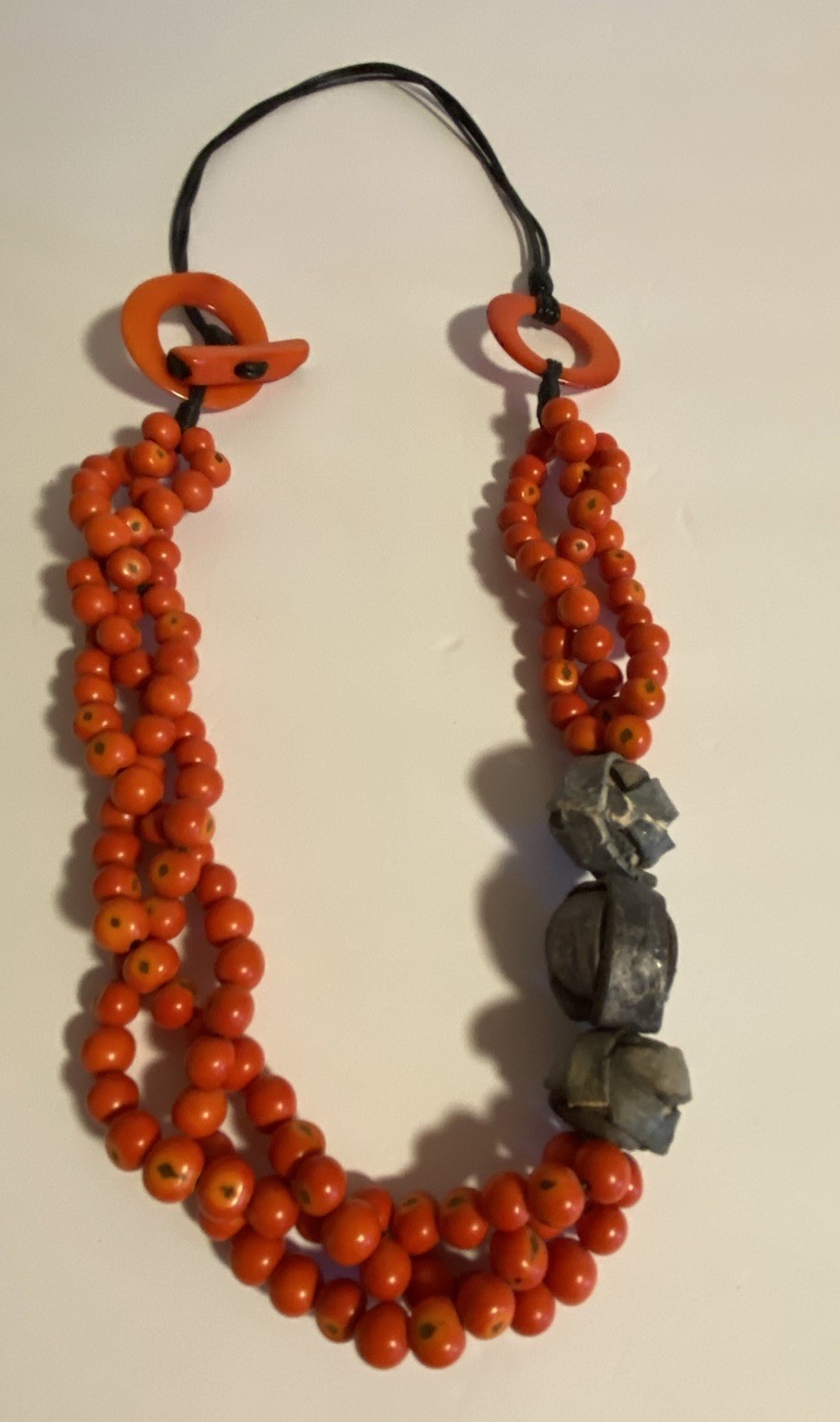 Vibrant Orange Wooden Beaded Necklace with Textured Gray Tribal Boho Hippie