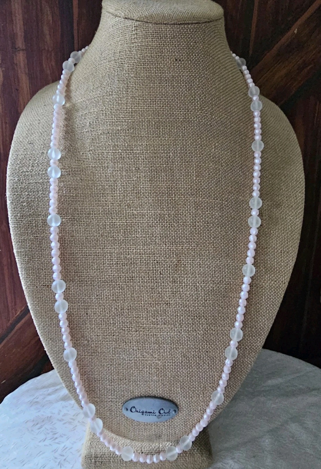 Monet Pink Faux Pearl 5.7mm & Translucent 9.7mm Bead Necklace 36″ Signed Vtg