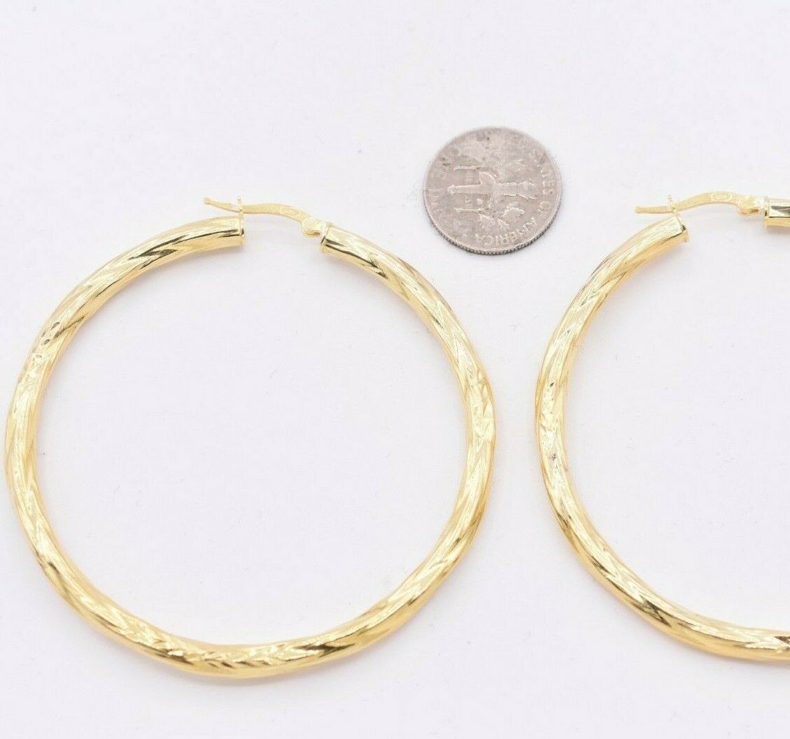2 3/8″ 60mm Twisted Diamond Cut Hoop Earrings 14K Yellow Gold-Plated Silver