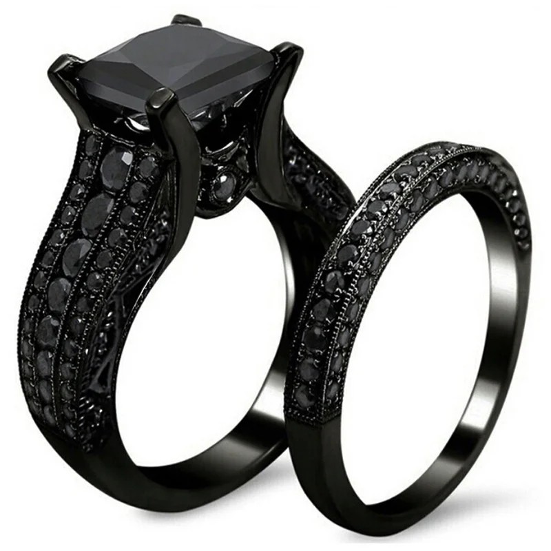 Vintage Black Blue CZ Wedding Engagement Ring Set Bridal Women Fashion Jewelry