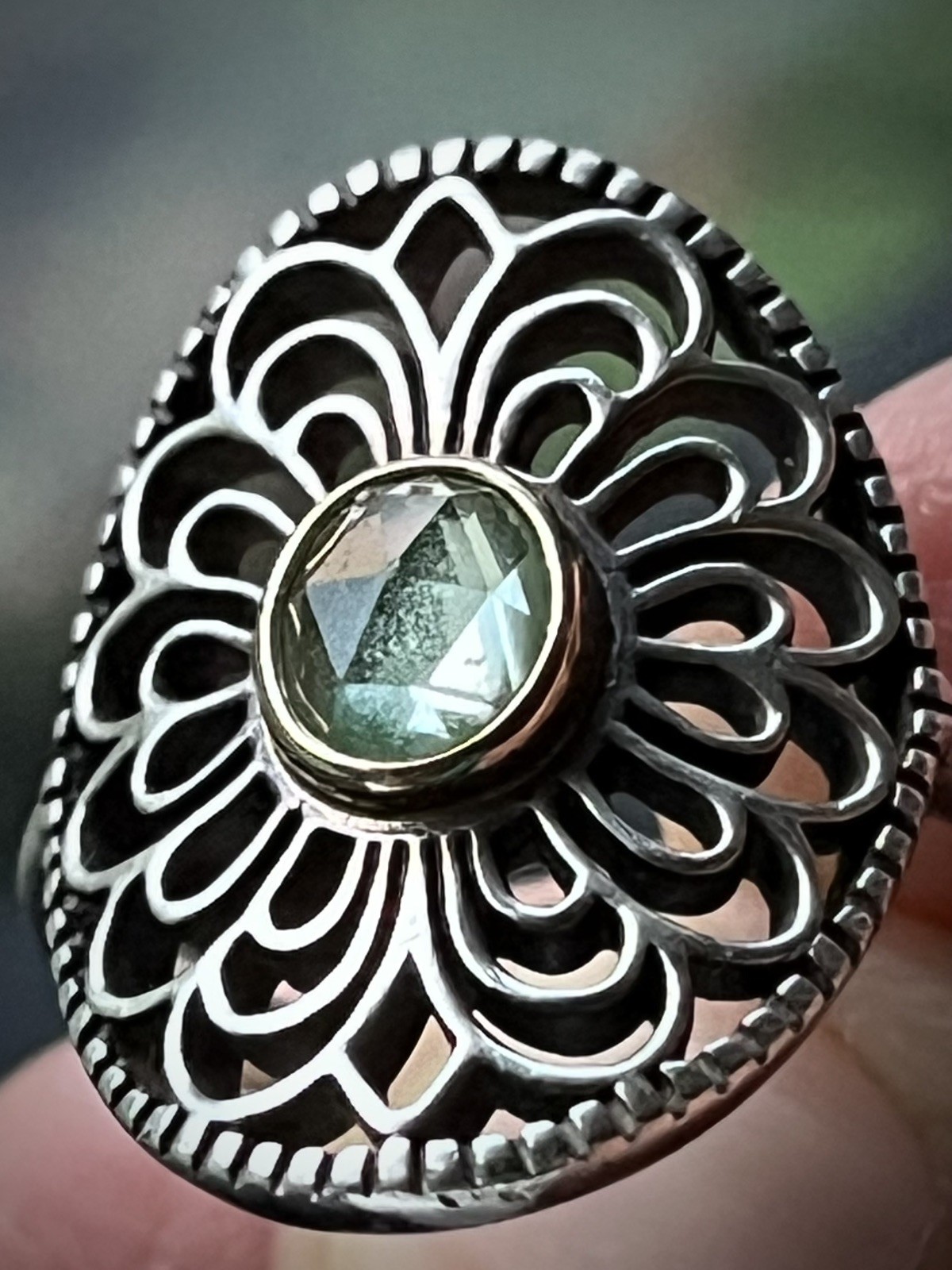 925 Sterling Silver Pandora Allure Green Quartz Filigree Cocktail Ring Size 7.5