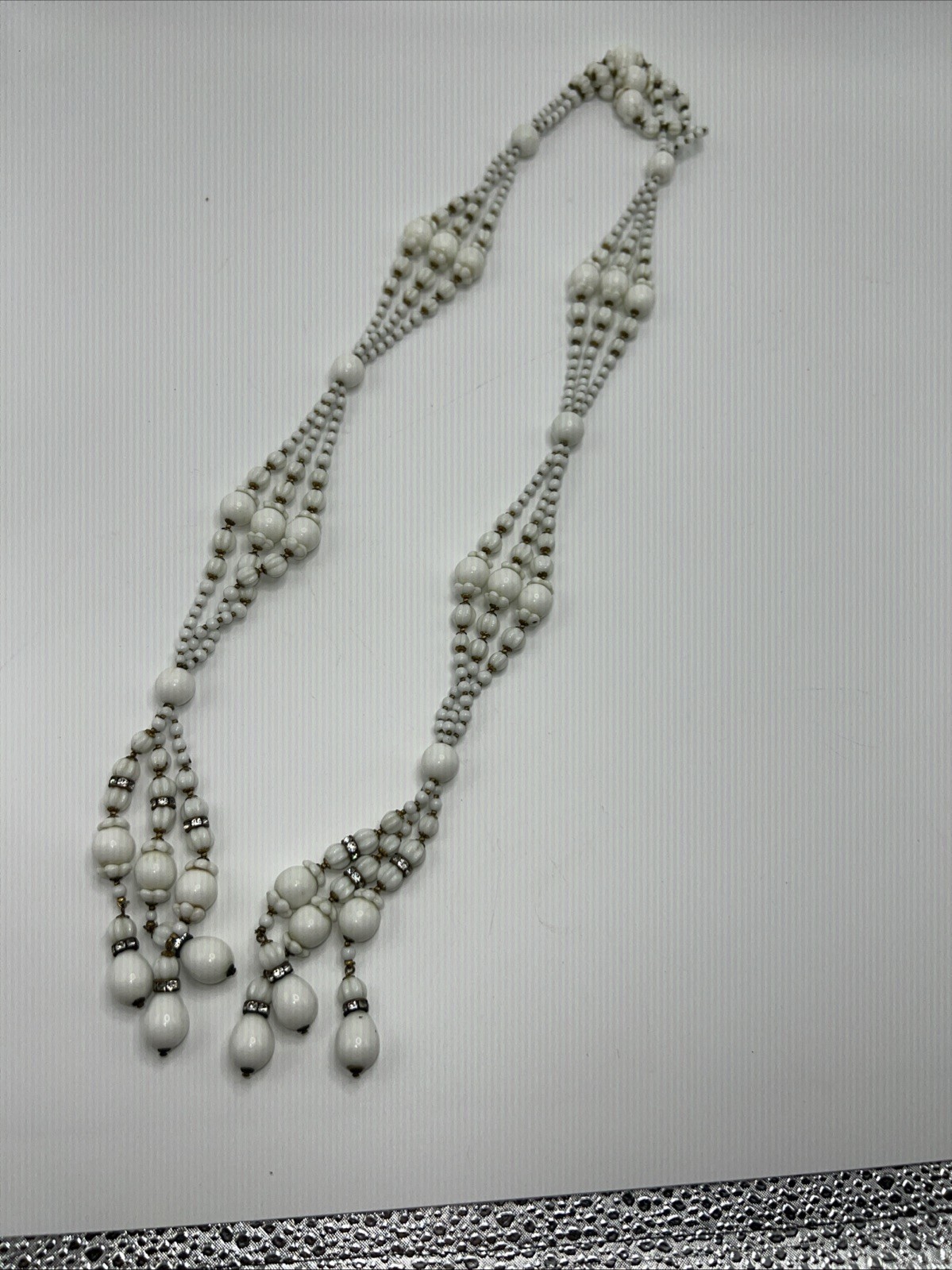 1930s 40s Milk Glass Lariat Necklace Rhinestone Multi Strand Art Deco 34”