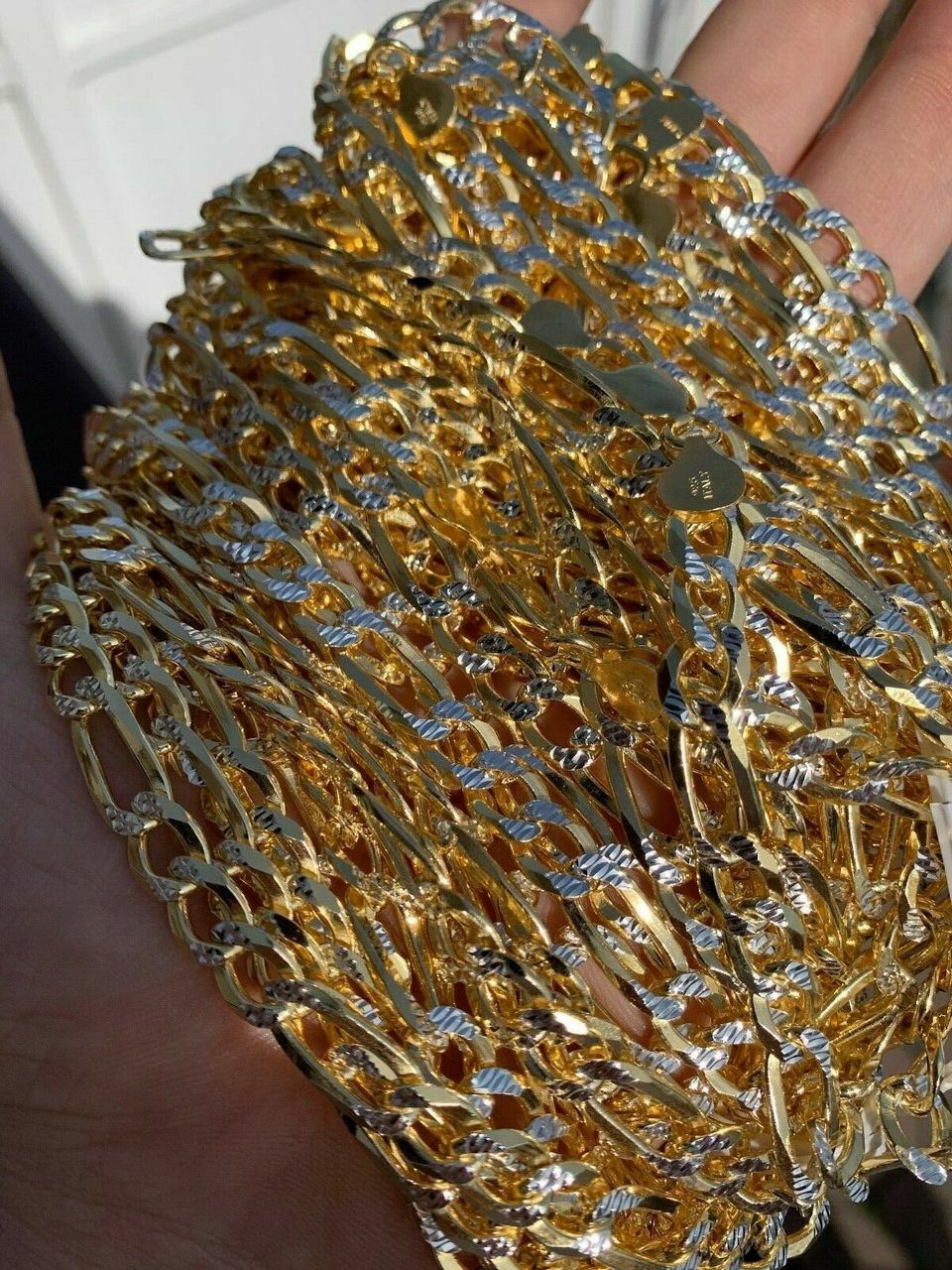 Mens 8mm 14k Gold Plated Solid Sterling Silver Figaro Chain Two Tone Diamond Cut