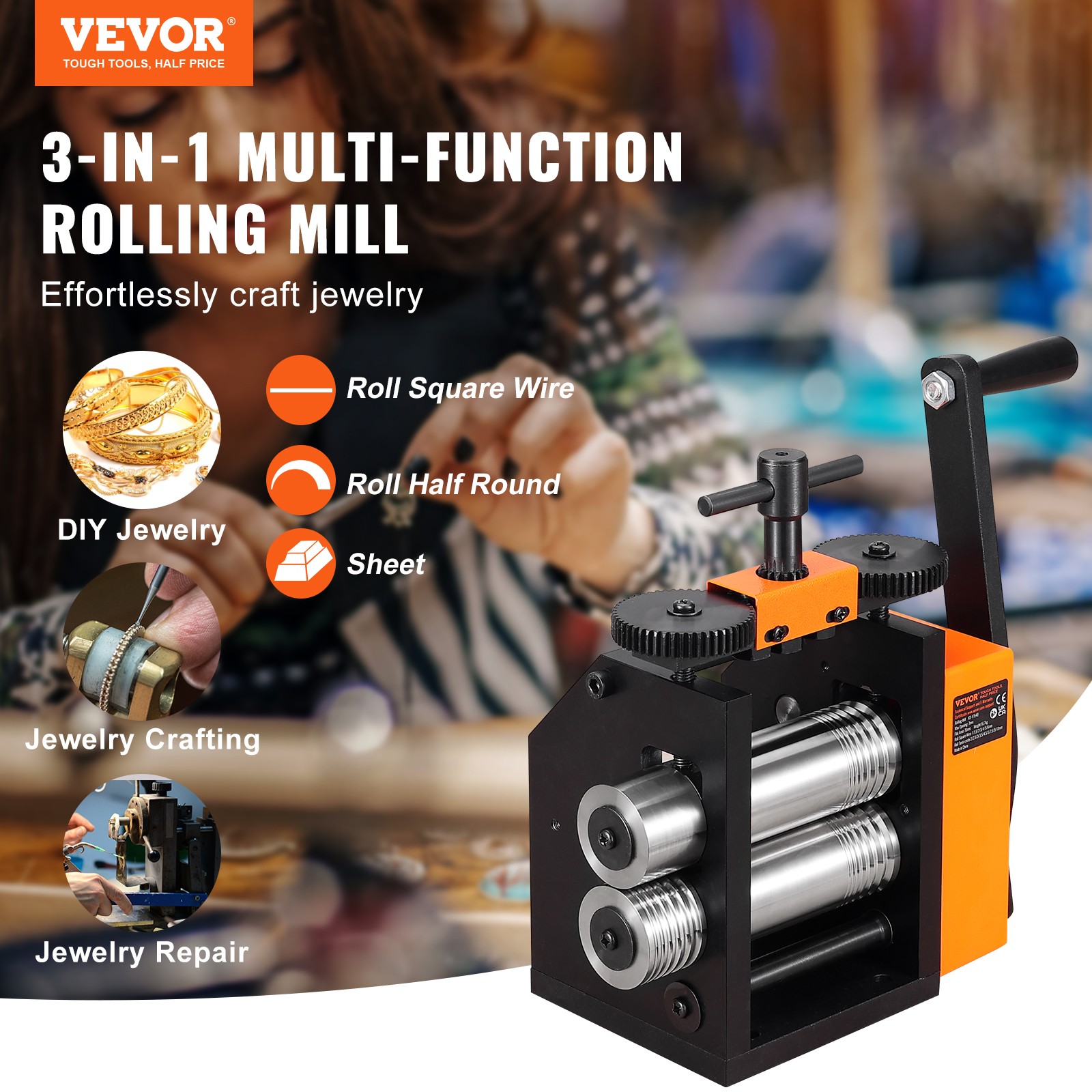VEVOR Rolling Mill 3″/76 mm Jewelry Rolling Mill Machine 1: 2 Gear Ratio 3-in-1