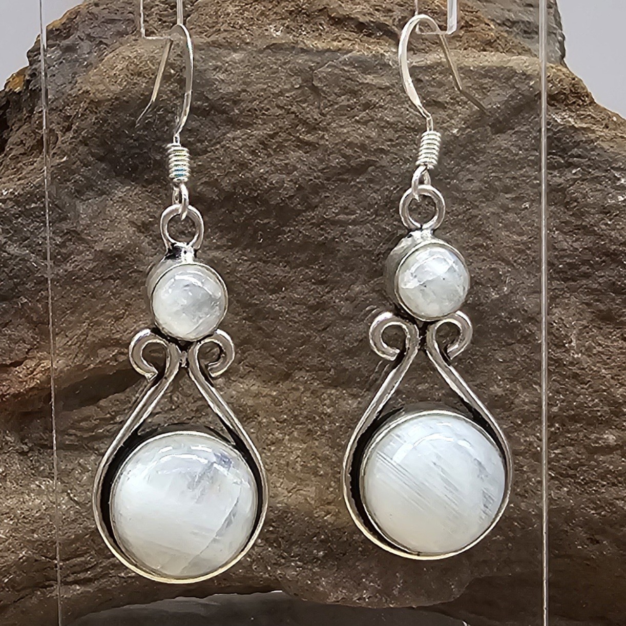 925 Overlay 12.2mm Rainbow Moonstone 2″ Drop Earrings