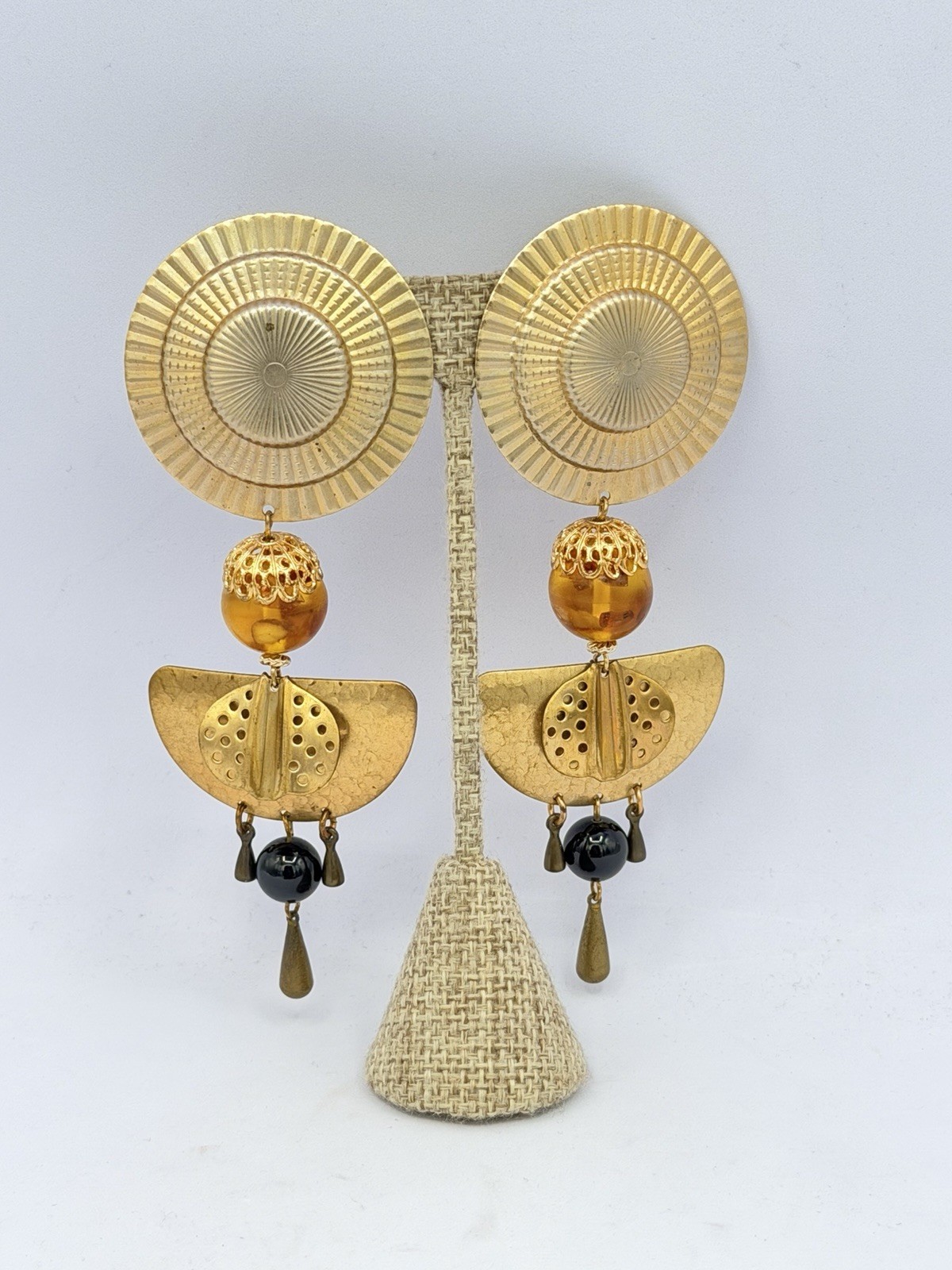 Vintage 1980s Gold Tone Brass Egyptian Revival Earrings Imperfect NOS RO-DO HG