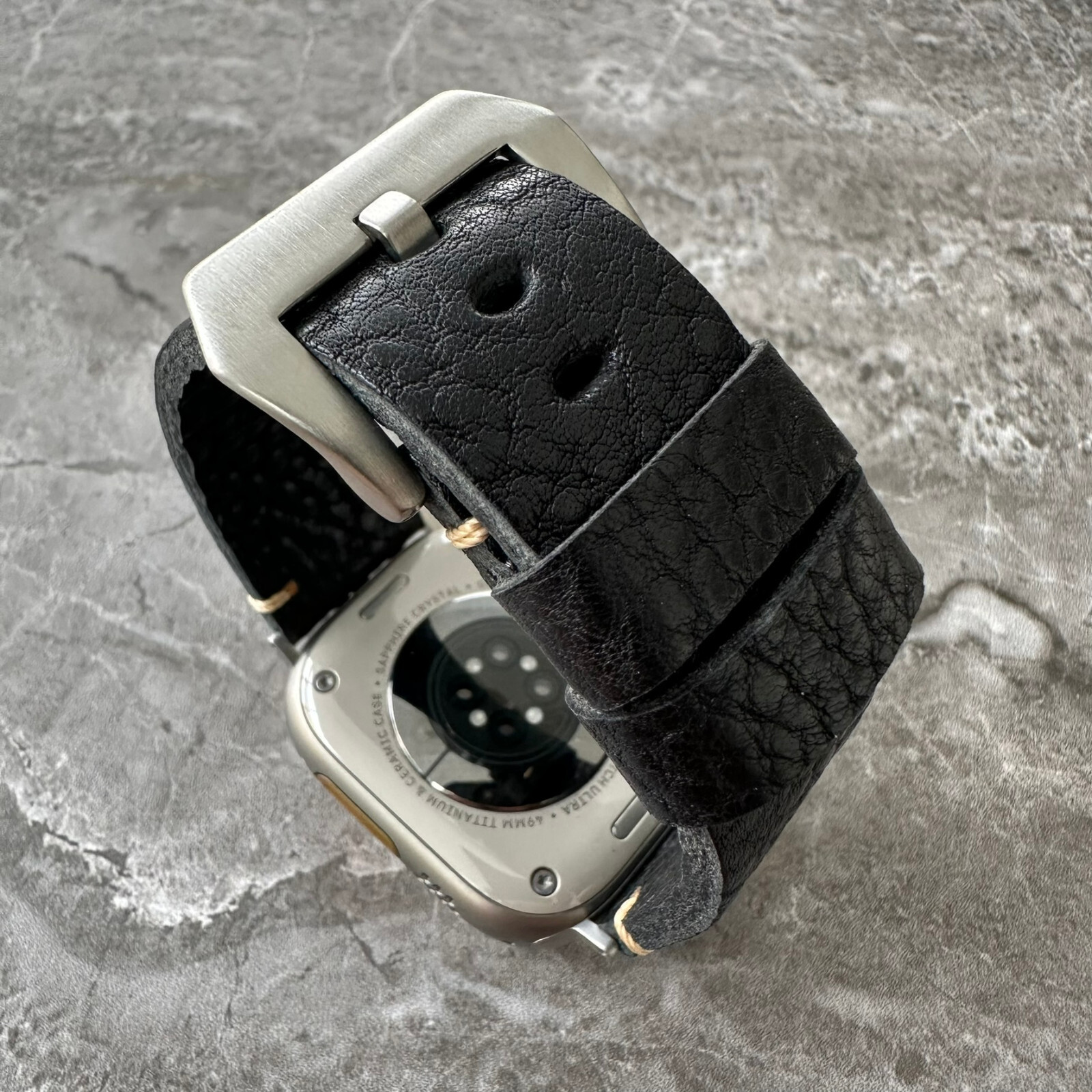 Thick Lychee Dark Black Leather Watch Strap Band For Apple Watch Ultra 1 2 49mm