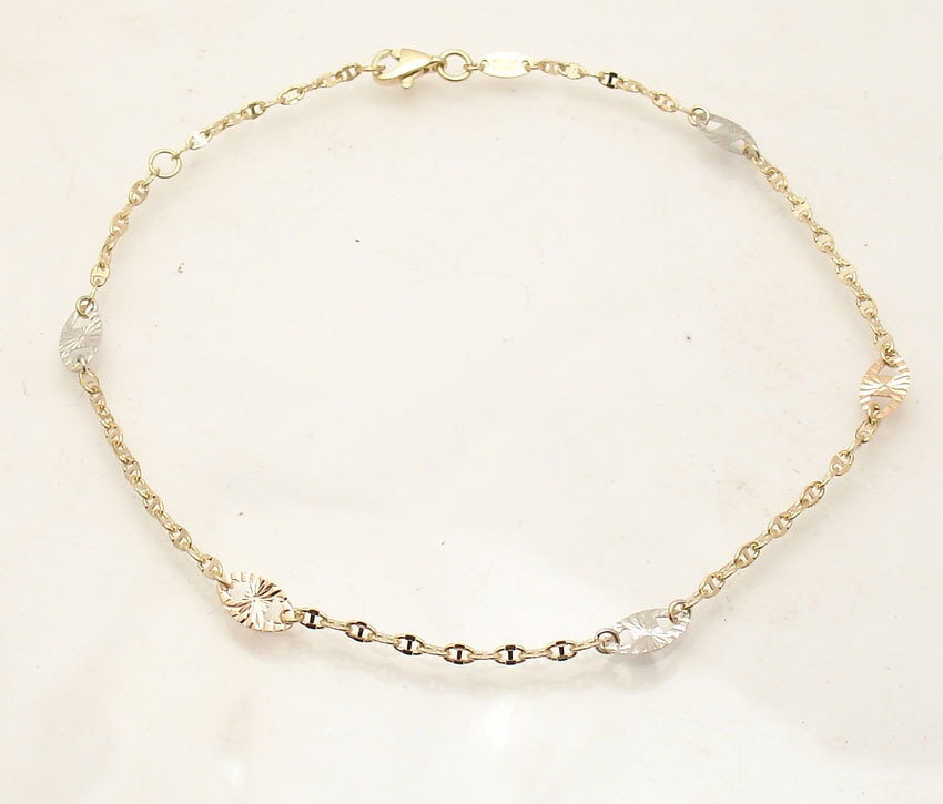Diamond Cut Mariner Link Ankle Bracelet Anklet Real 14K Tri-Color Gold