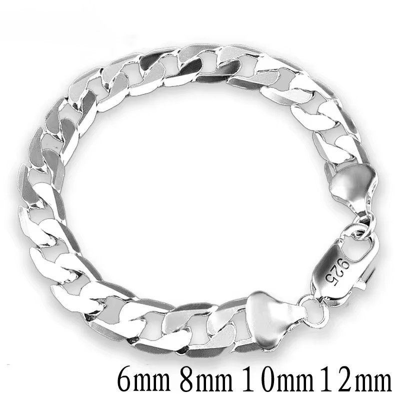 925 Sterling silver Curb Chain Bracelet Men Women Soild Silver Jewelry 6mm-12mm