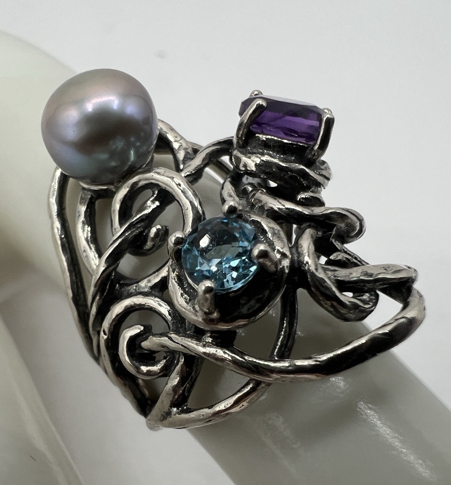 PZ Paz Creations Sterling Silver Pearl Amethyst Topaz Brutalist Split Shank Ring