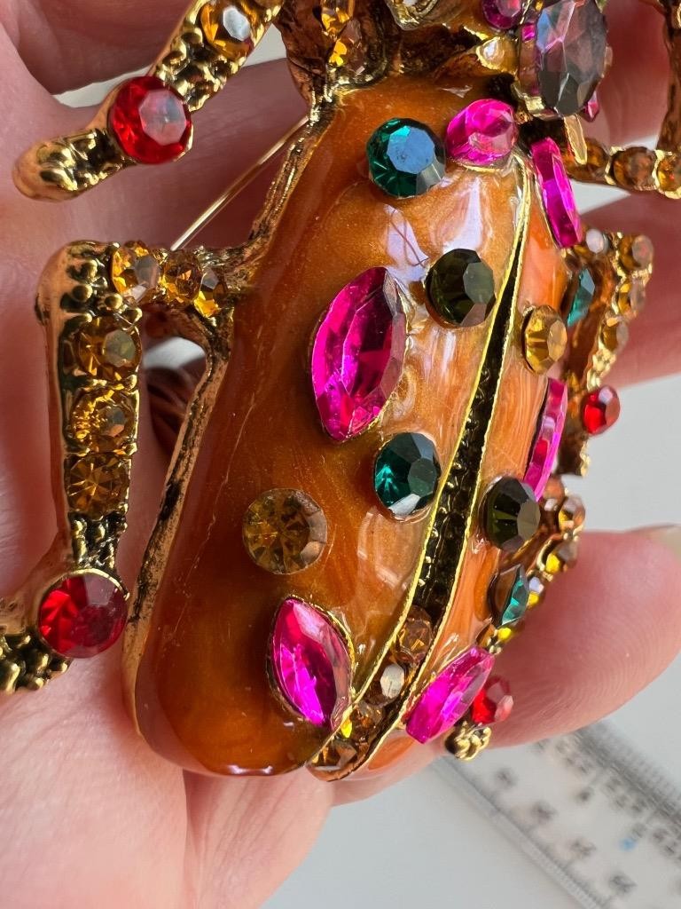 Scarab Beetle Pin LARGE Orange Enamel Rhinestone Victorian Egyptian Rev Vtg