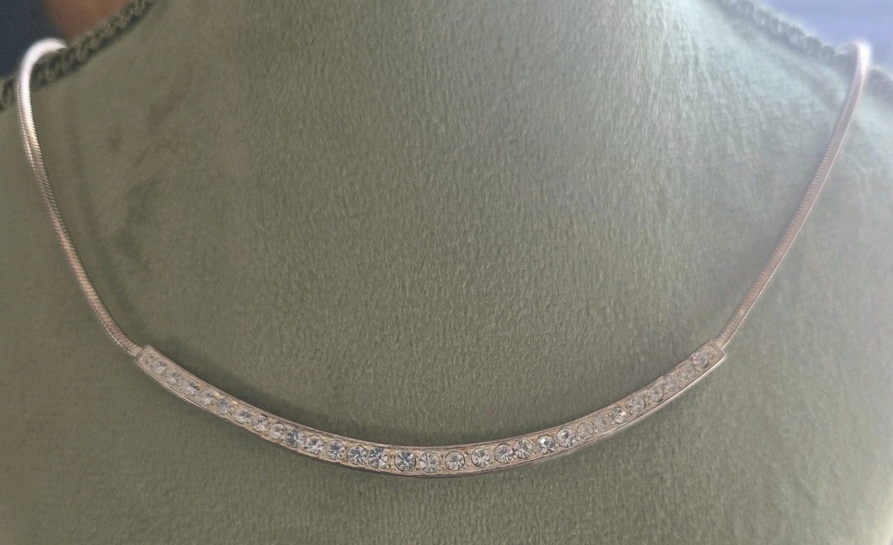 Vintage Necklace Curved 3″ Bar Small Pavé-set Stones on Rope Chain • Silver Tone
