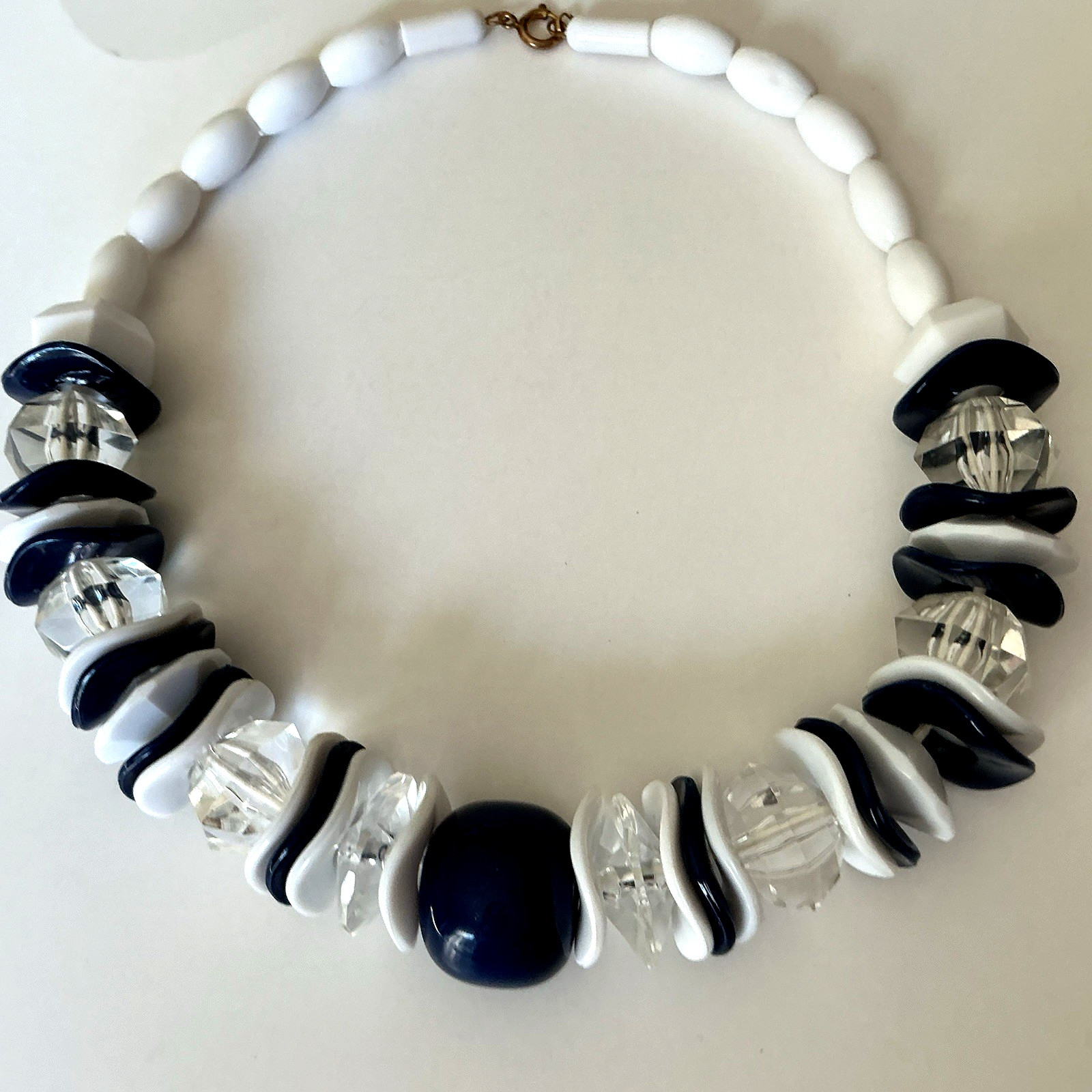 VTG Rare Necklace Statement Chunky White Blue Clear Lucid Bead 19″ Czech Rep New