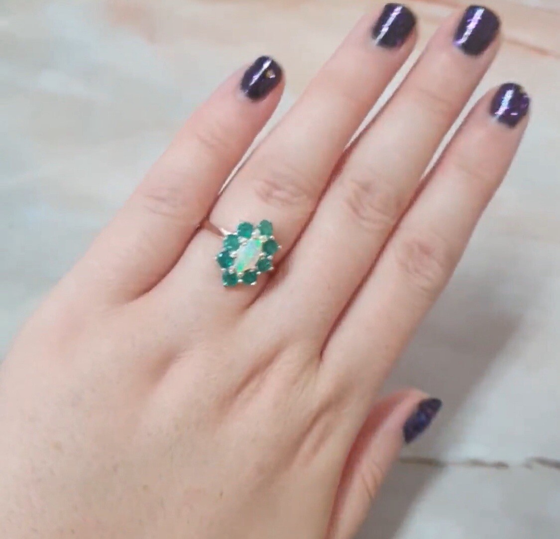 Natural Emerald & White Fiery Opal – English 925 Sterling Silver Ring / Ring