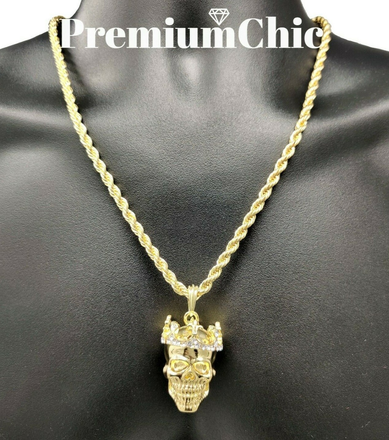 Skull King Pendant Necklace Rope or Tennis Chain Plated CZ Halloween Jewelry