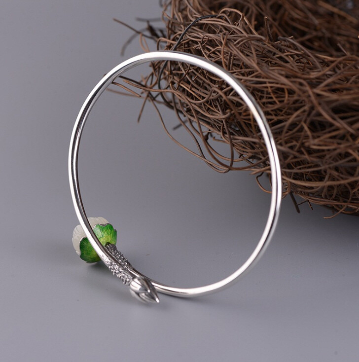 I05 Bangle Silver 925 with Lotus Flower and Bud White Jade Cloisonne