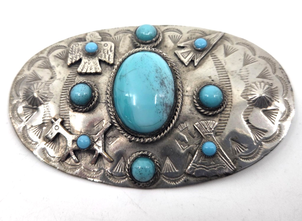Vintage Navajo Style Fred Harvey Era Brooch Turquoise & Nickle Silver