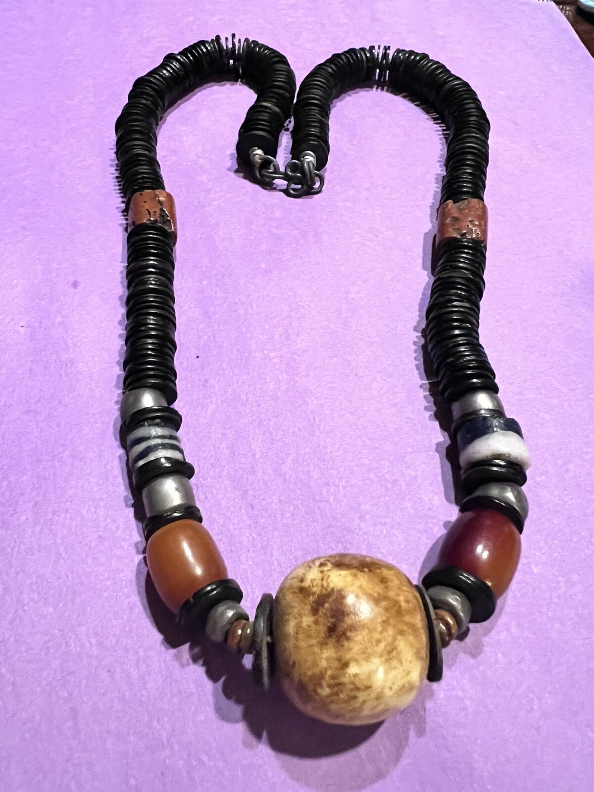 African Natural Coral Amber Taguemont Beads Ashanti Bone Necklace & Earrings