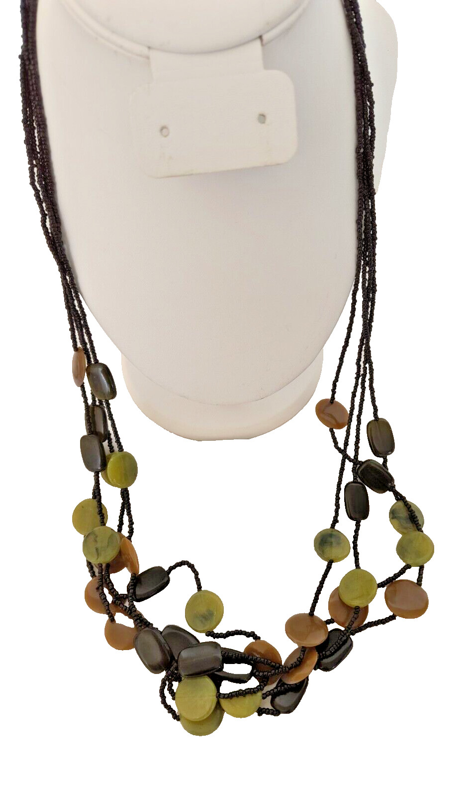 Women’s Necklace Beaded Multistrand Black Brown Green Black Discs Vintage