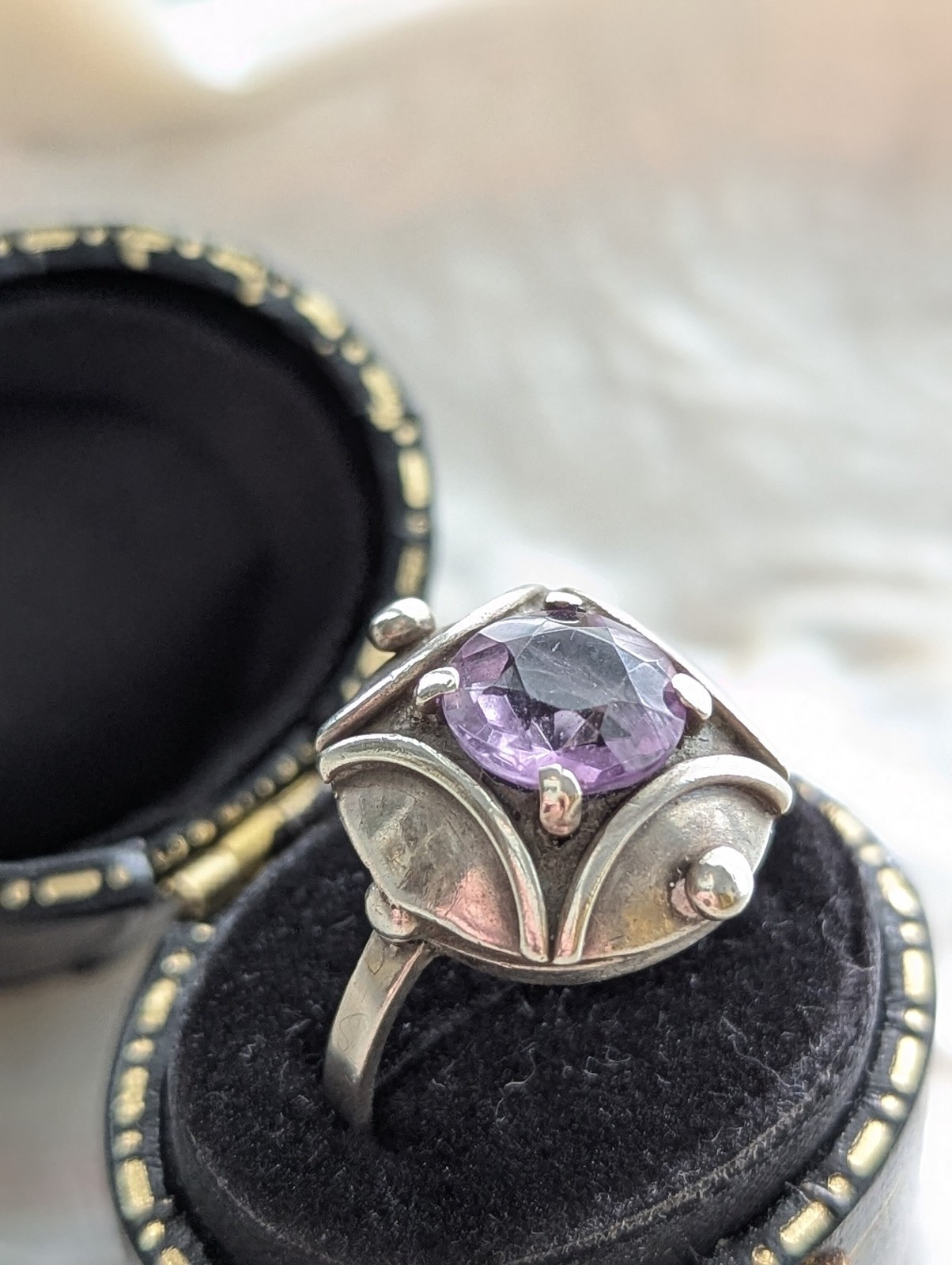 Vintage Amethyst & 835 Silver Ring-Unusual Setting-Lavender Gemstone