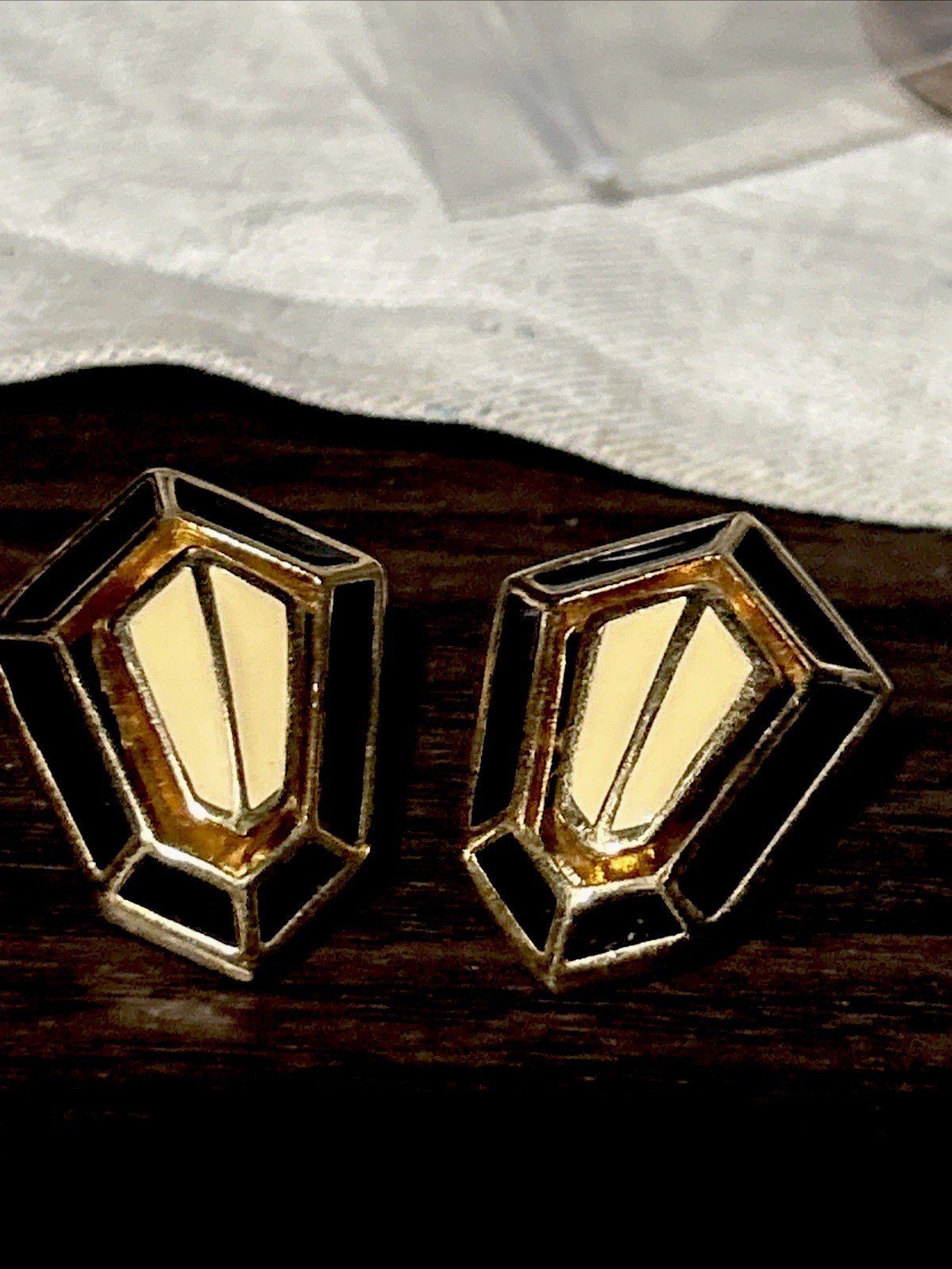 Vintage Signed Christian Dior Black Cream Enamel Open Work Clip Earrings Patent