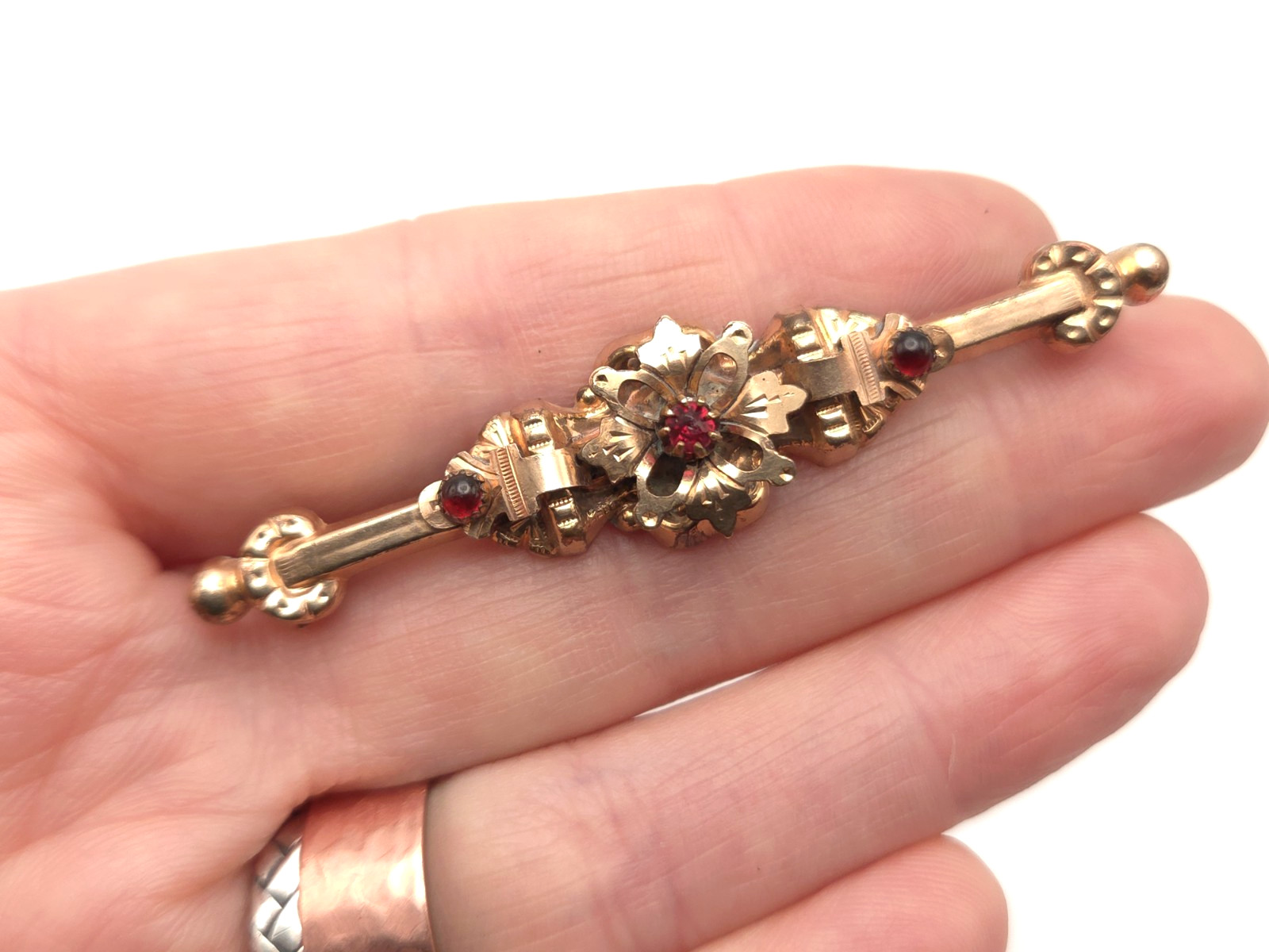 Antique Victorian Etruscan Revival Gold Filled Garnet Paste Stone Bar Pin Brooch