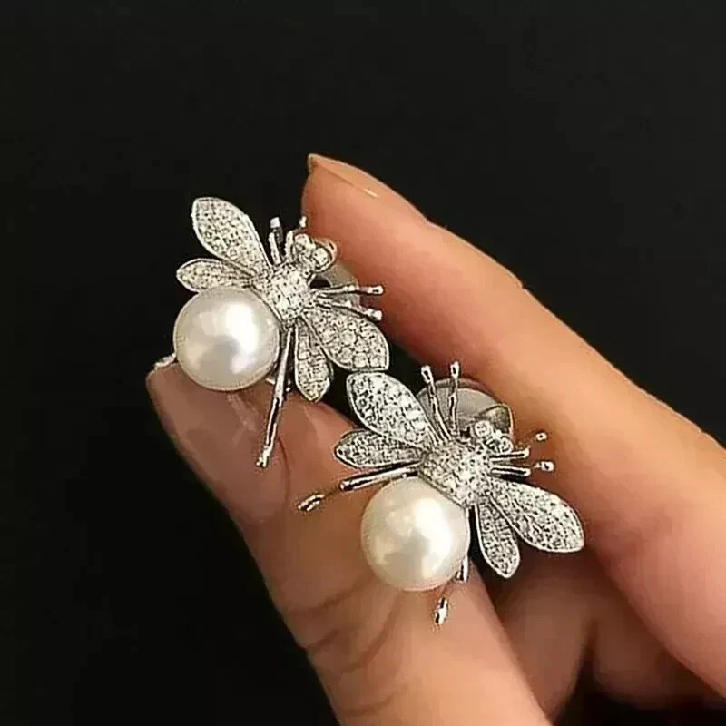 Women’s 3.00CT Simulated Pearl & Diamond Bee Stud Earrings 14K White Gold Plated