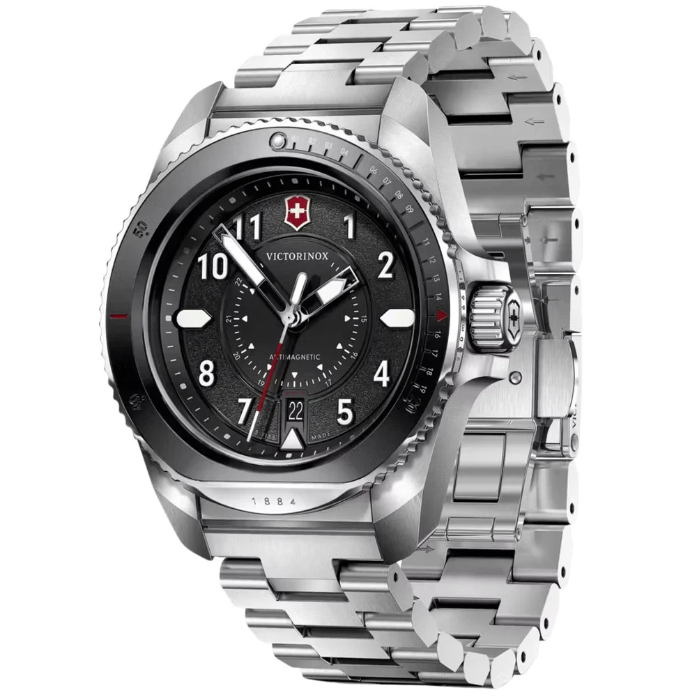 Victorinox Journey Mens Quartz Watch 242009 1884 43mm Black Date Dial Steel 200M