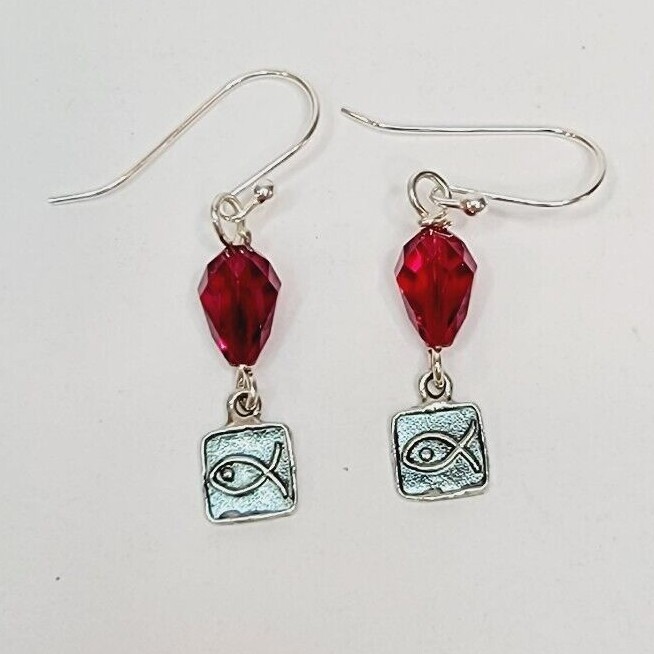 Hypoallergenic Dangle Earrings With Swarovski Crystals Red Color And Jesus Fish