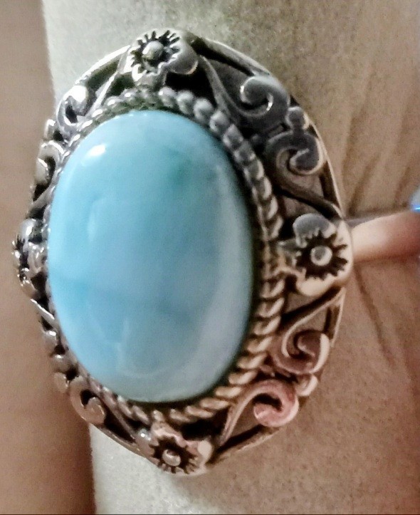 4X10MM OVAL CABOCHON LARIMAR STERLING SILVER RING SIZE 7