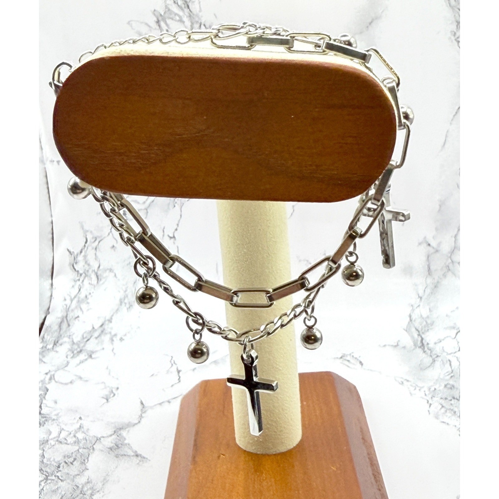 New Stainless Steel Cross Charm Layered Bracelet Silver Multi Strand 6.5–8.5″