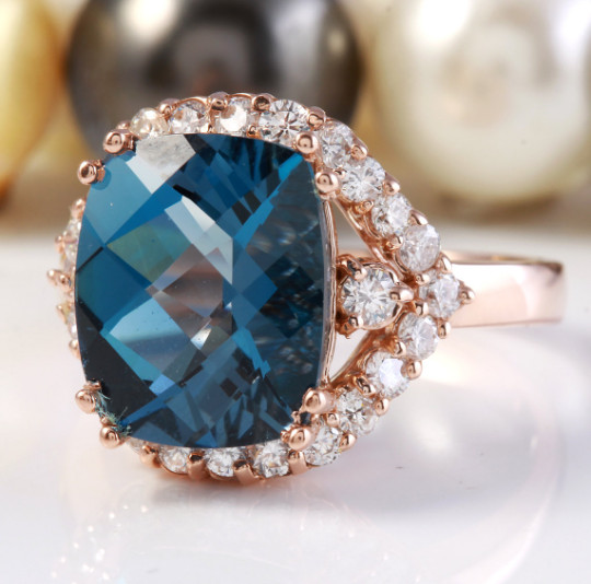 6.80 Carat Natural London Blue Topaz and Diamonds in 14K Solid Rose Gold Ring