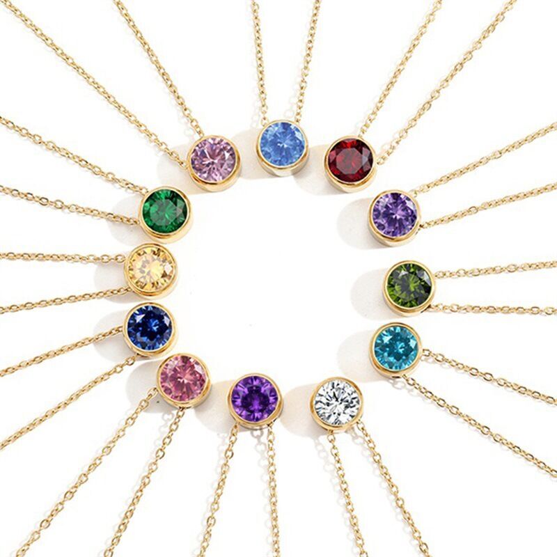 12 Colors Woman 14K Gold Plate Multicolor CZ Round Pendant Charm Chain Necklace