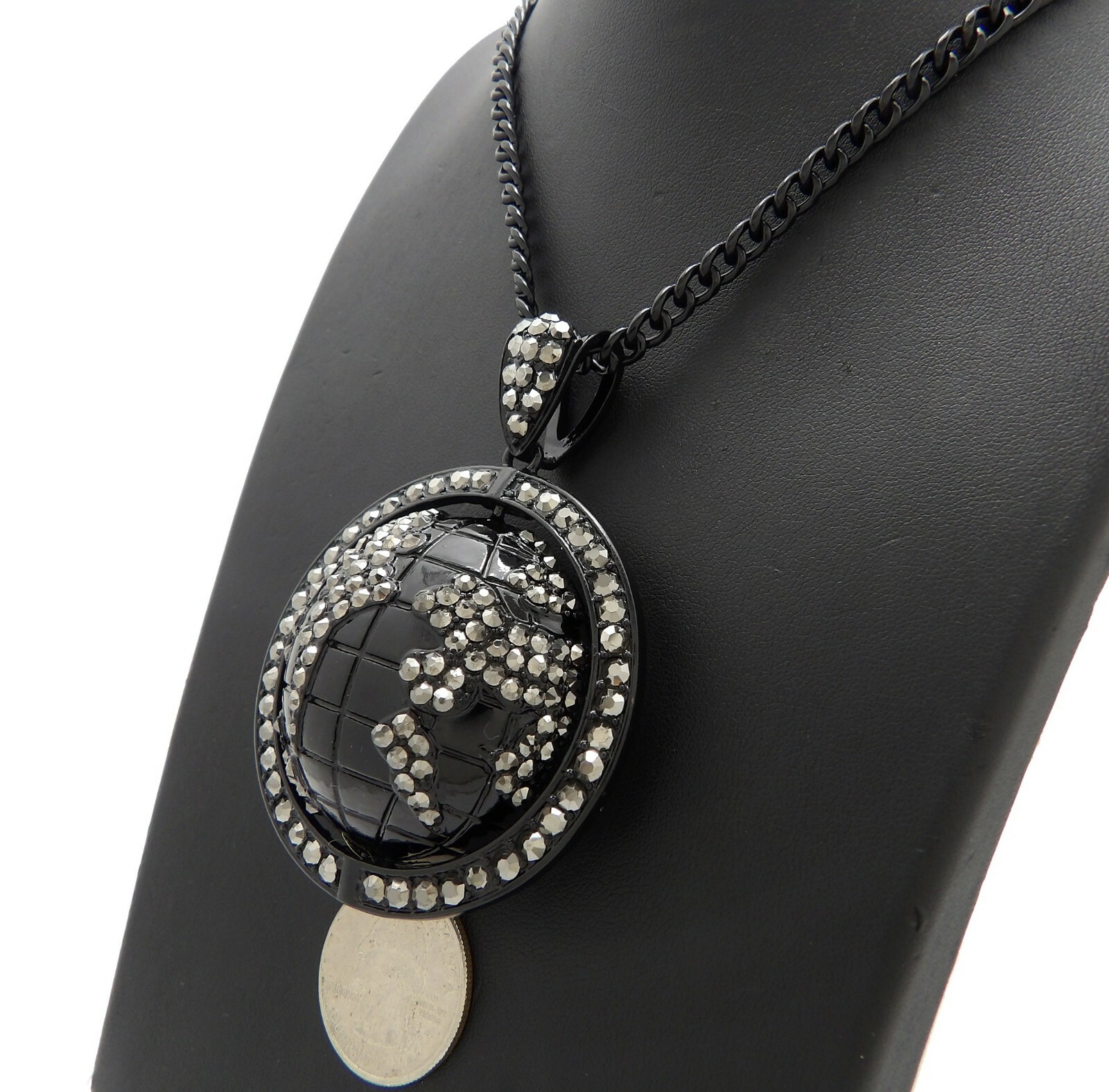 HIP HOP ICED JET BLACK WORLD GLOBE PENDANT & 5mm 24″ CUBAN CHAIN BLING NECKLACE