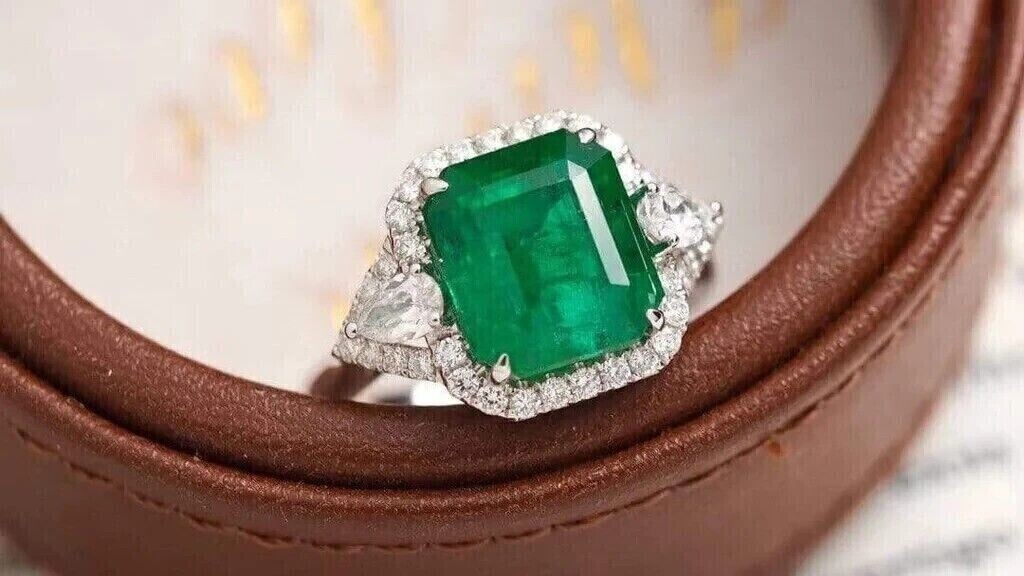 6.80 Ct Natural Emerald Shape Diamond Ring 14K Solid White Gold