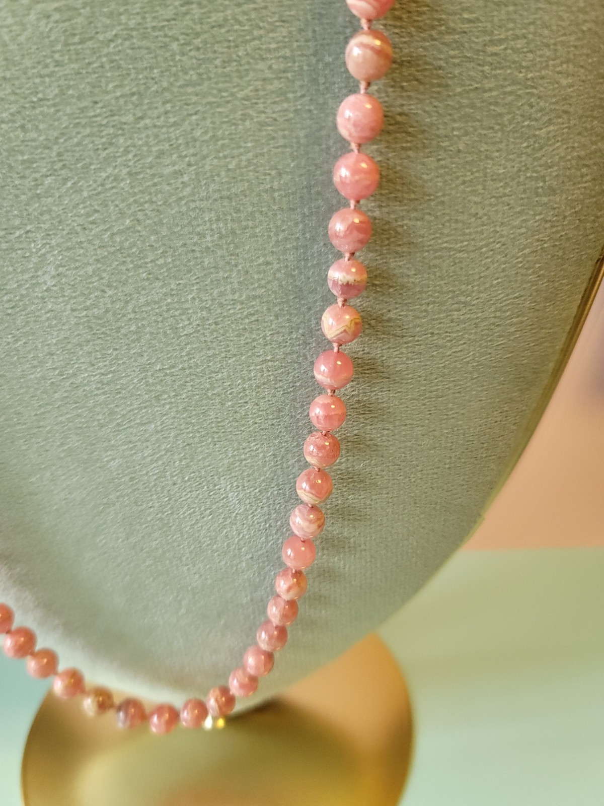Vintage Genuine Rhodochrosite Bead Pearl Knotted Necklace