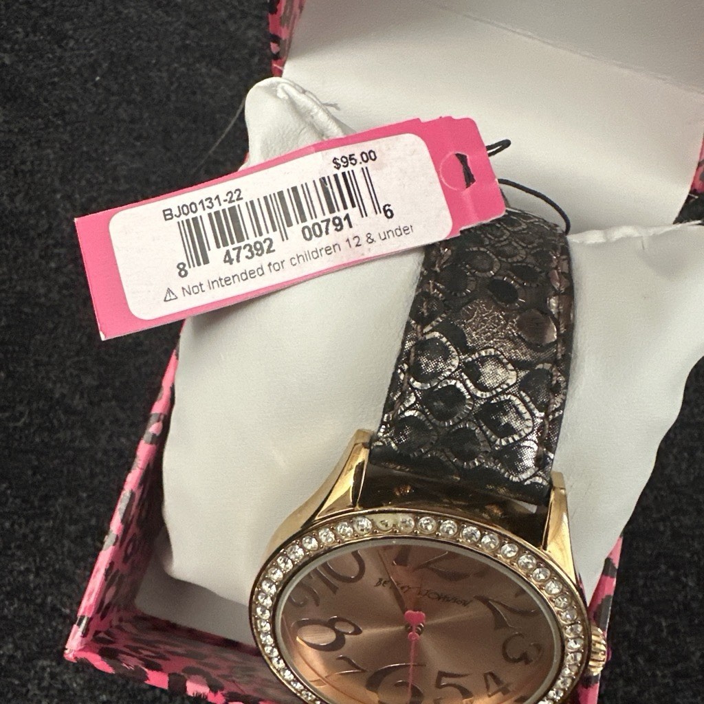 Betsey Johnson Womens Gold Tone Gem-Set Bezel Black Leather Strap Watch Box