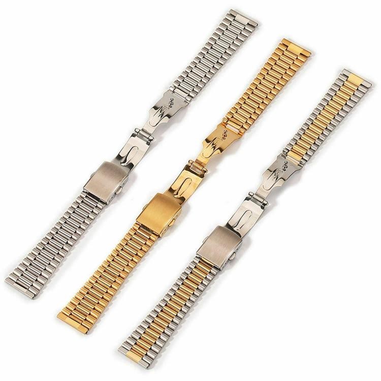 12-20mm 3Rows Slim Metal Watch Band Safe Secure Clasp Stainless Steel Link Strap
