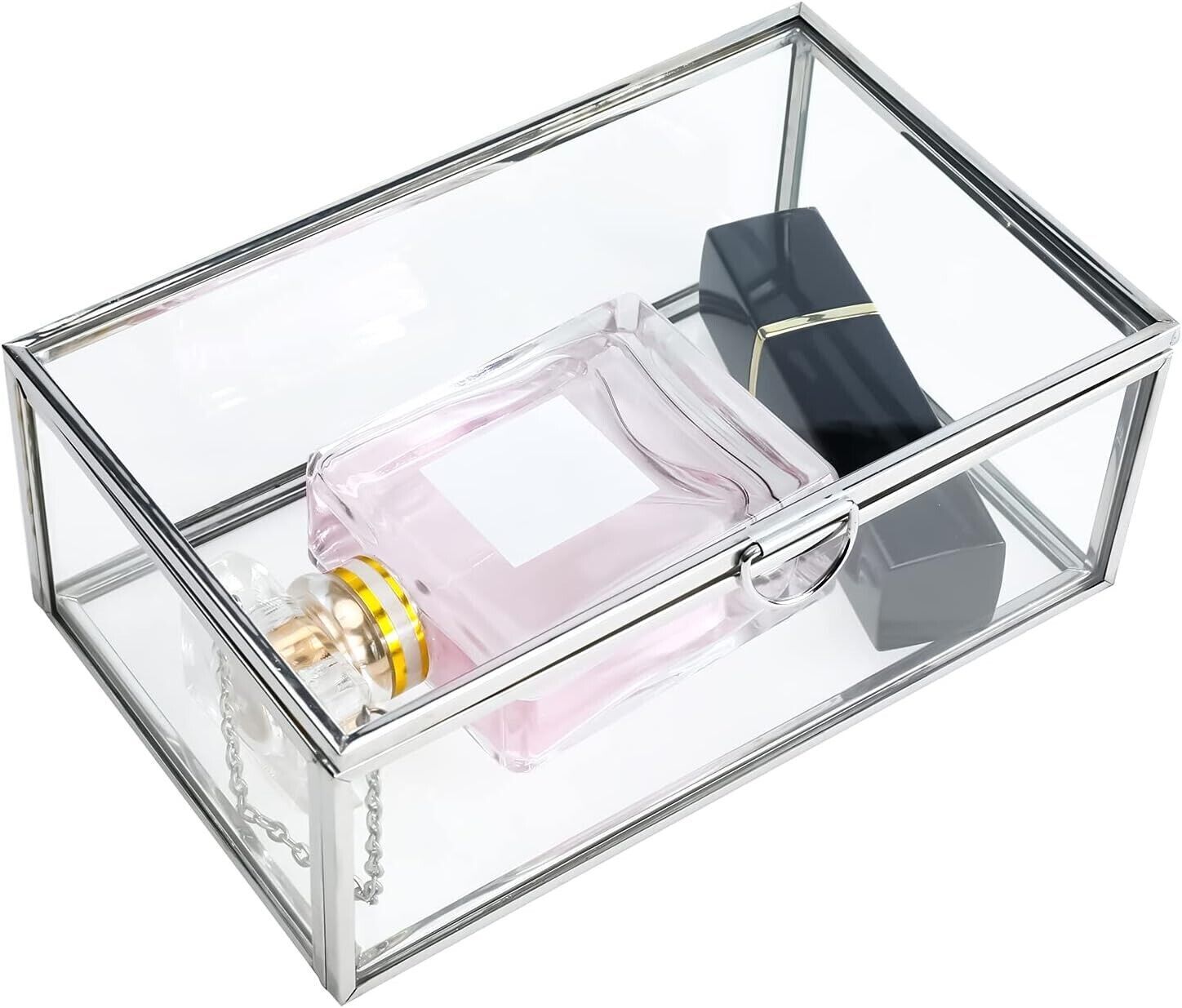 Silver Small Jewelry Display Box Glass Lidded Case with Clear Lid Dustproof Home