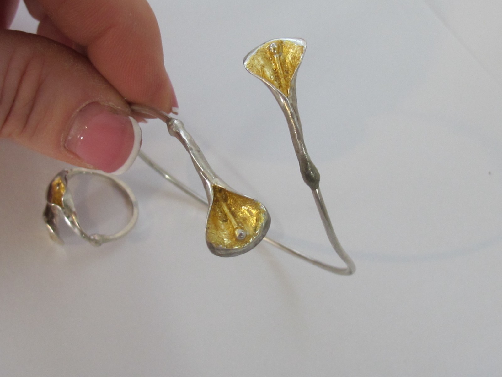 Artisan Sterling Silver 925 & Gold Flower Calla Lily Cuff Bracelet & Ring Set C3
