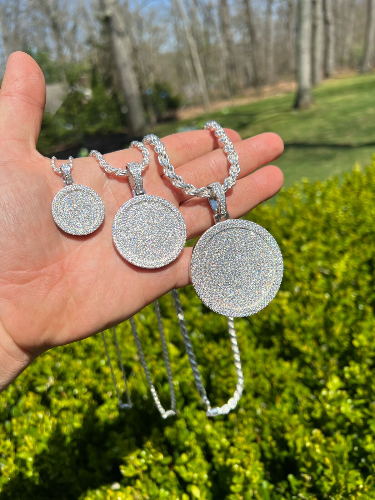 Solid 925 Silver Bling CZ Iced Round Hip Hop Dog Tag Medallion Pendant Necklace
