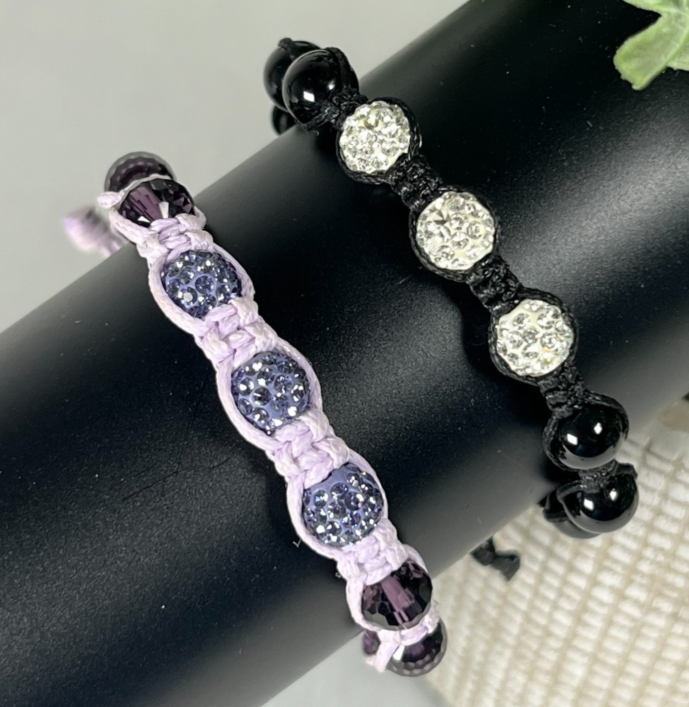 Shamballa Bracelet Set Crystal Pave Beads Macrame Purple & Black Adjustable Pair