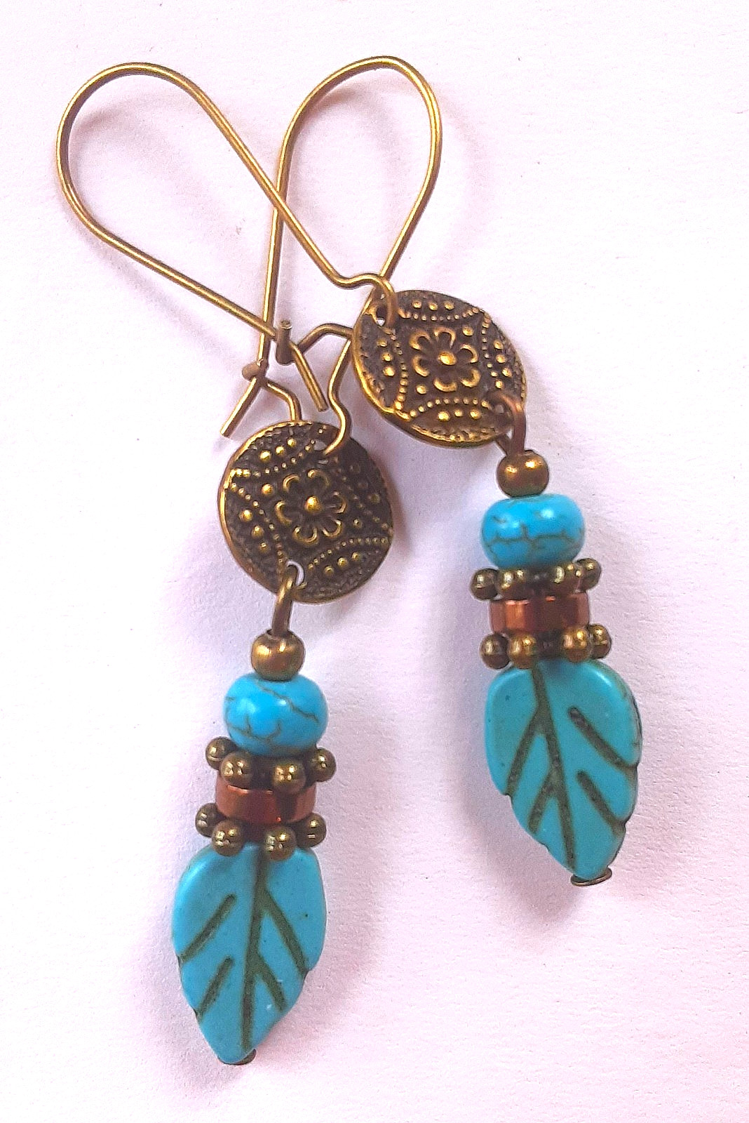 BLUE HOWLITE ROUNDEL earring KIDNEY WIRE handcrafted bronze #DMX