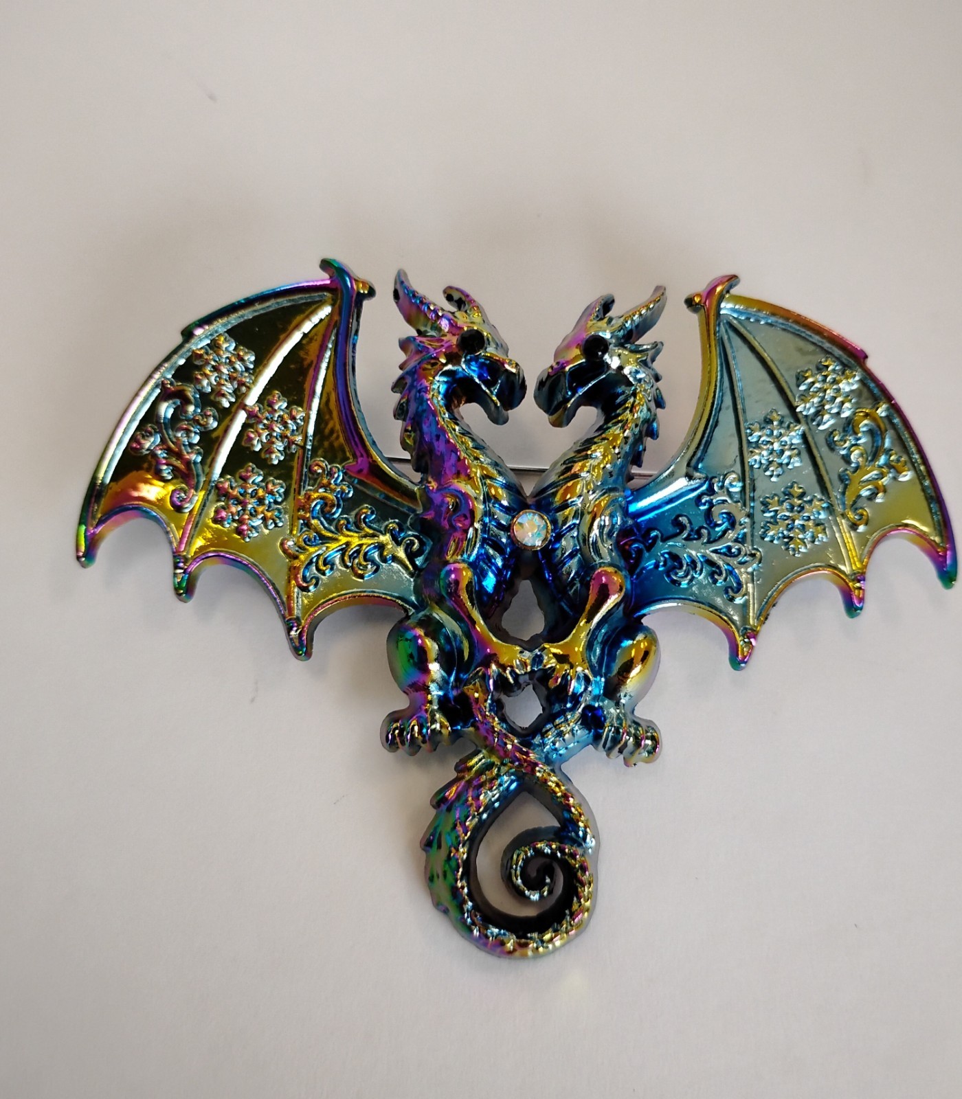 Iridescent Gothic Colorful Silver Toned Flying Hugging Dragons Brooch Jewelry