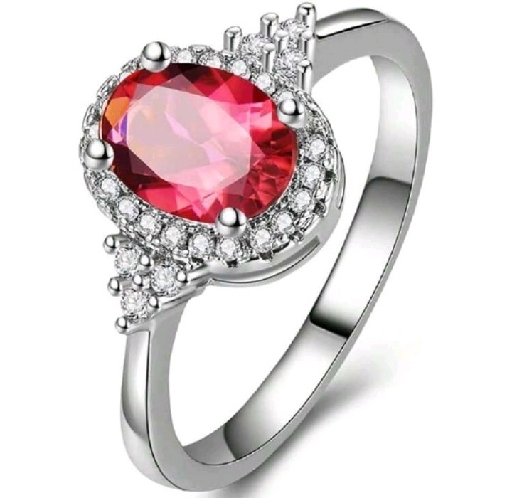 Silver-Plated Zinc Ring Red Oval CZ With White/Colorless Inlay Size 7