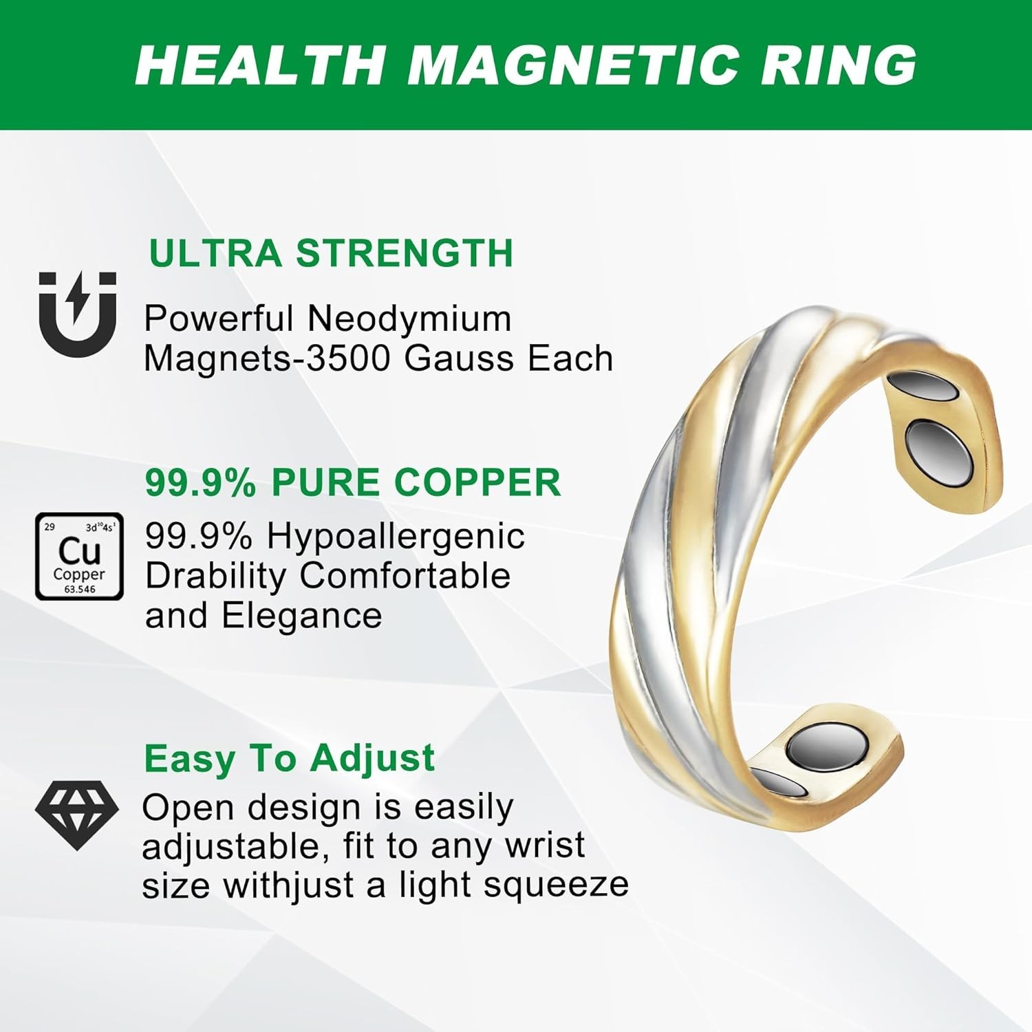 Tri Tone 99.9% Pure Copper Magnetic Ring for Women Men, Copper Magnetic Rings…