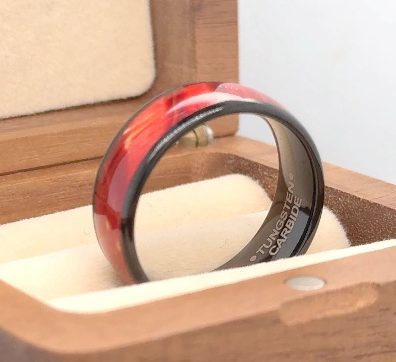 Red Burgundy Color Dyed Wood Inlay Black Tungsten Ring Men’s Wood Wedding Ring